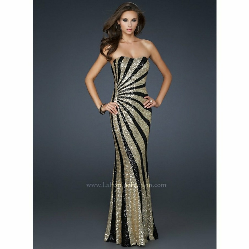 La Femme Sequined Prom Dress Black&Gold Worn Once!